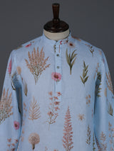 Sky blue cotton linen floral printed festive kurta