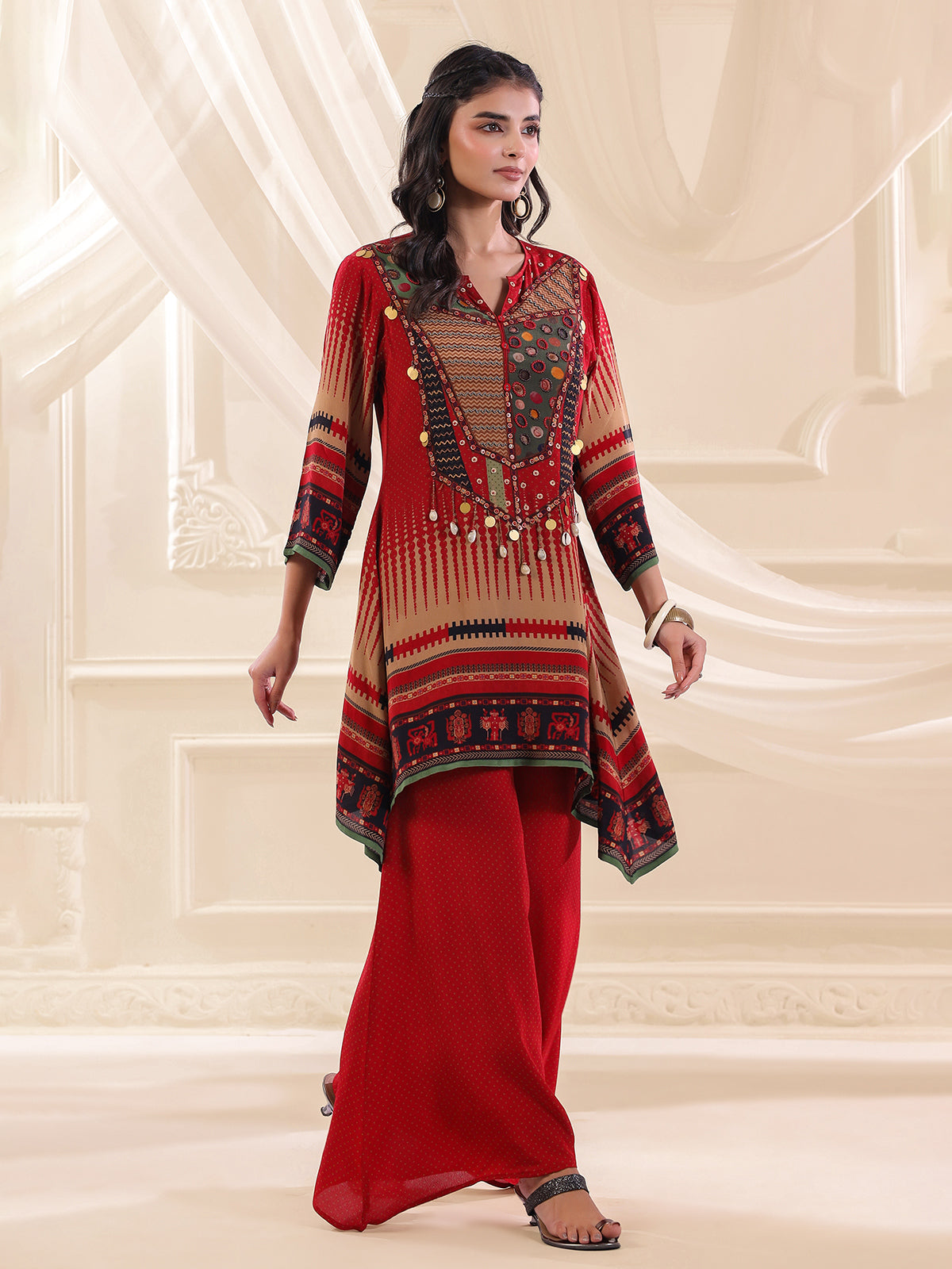 Red crepe silk printed yoke style palazzo set