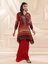 Red crepe silk printed yoke style palazzo set
