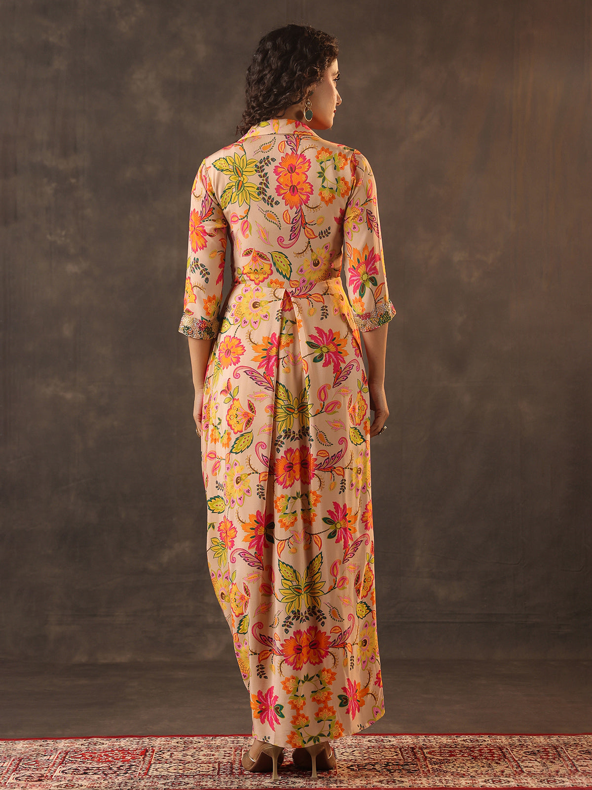 Beige floral printed crepe silk designer kurti