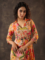 Beige floral printed crepe silk designer kurti