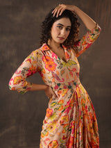 Beige floral printed crepe silk designer kurti