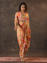 Beige floral printed crepe silk designer kurti