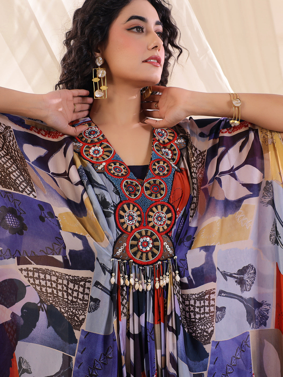 Purple printed georgette silk kaftan style kurti
