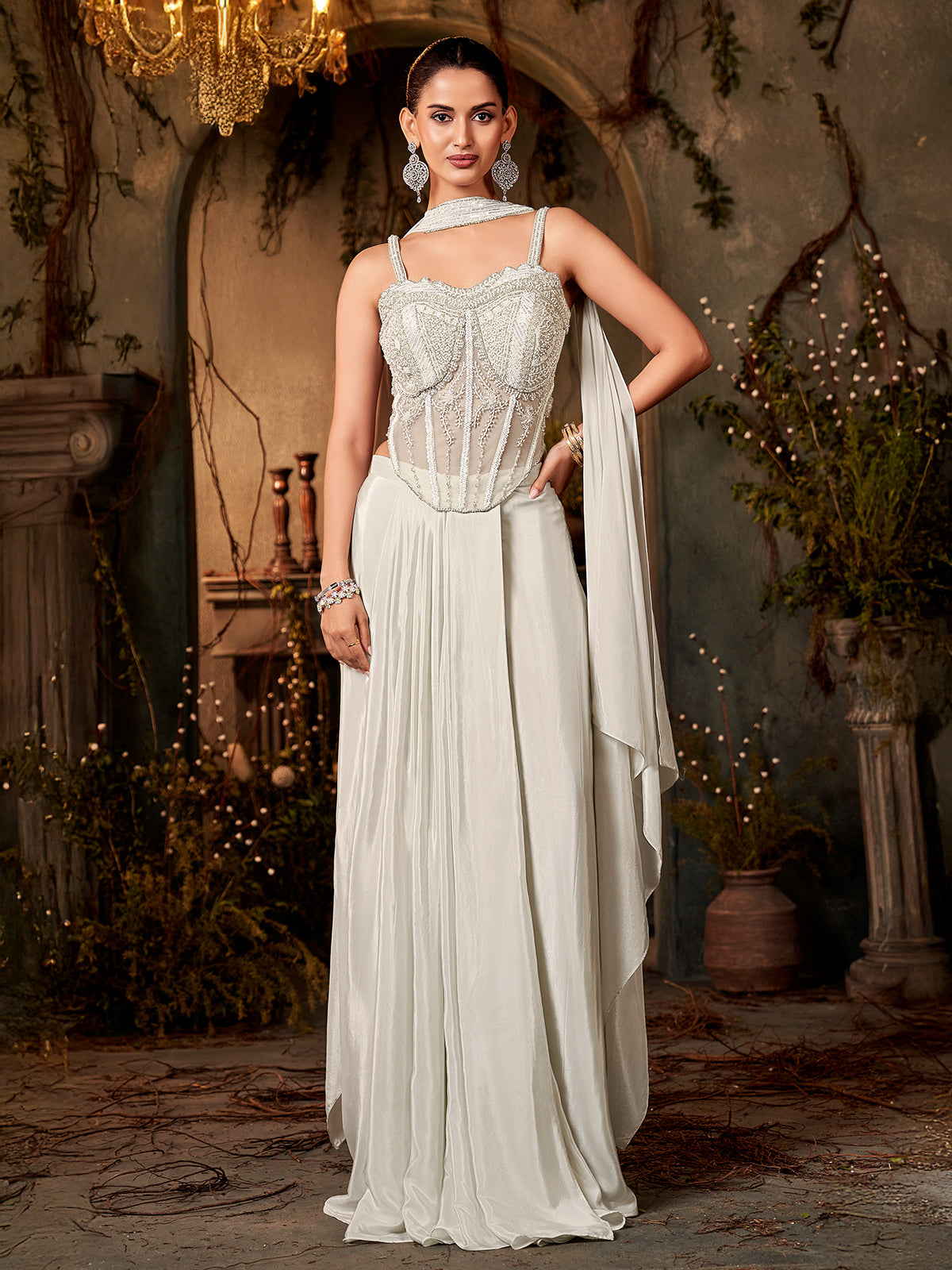 Light grey reception wear crepe silk lehenga choli
