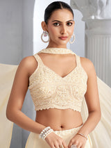 Beige reception wear crepe silk lehenga choli with choker dupatta