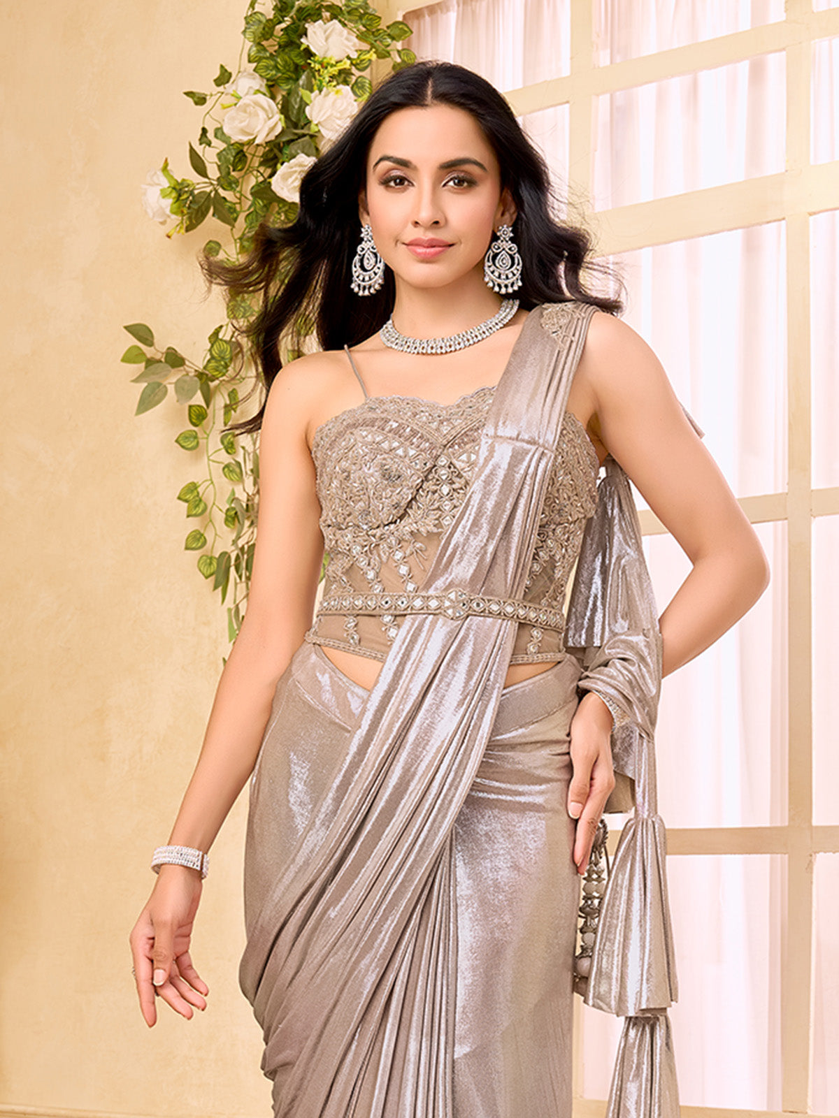 Pastel beige lycra ready to wear saree