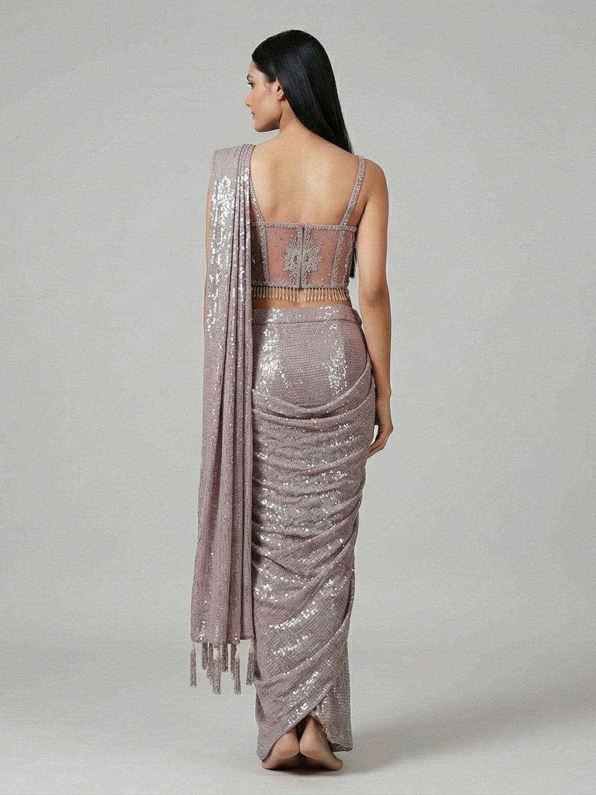 Dusty purple sequins fabric ready to wear saree