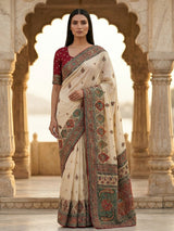 Cream silk colorful motif festive wear saree