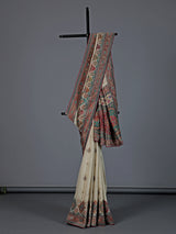 Cream silk colorful motif festive wear saree