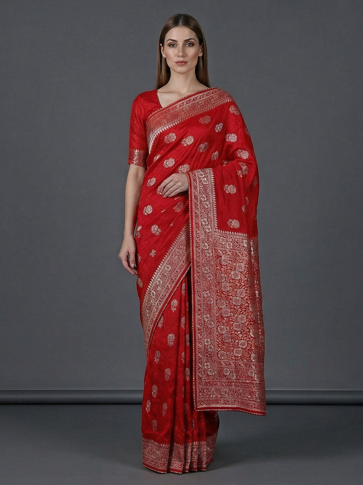 Red dola silk zari work wedding festive saree
