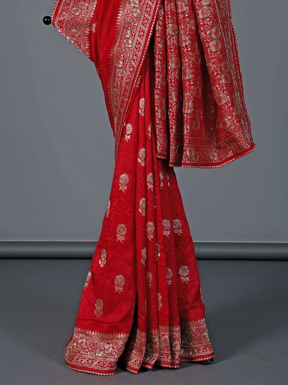 Red dola silk zari work wedding festive saree