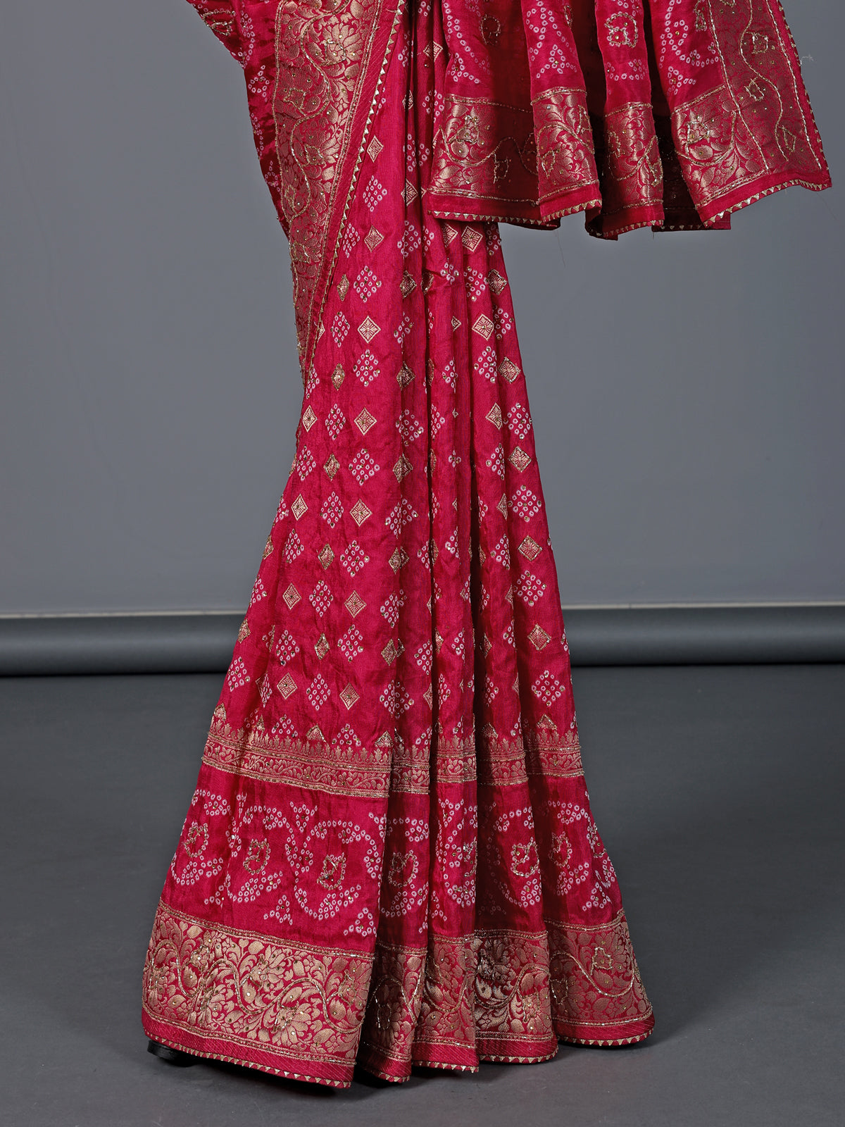 Rani pink bandhej dola silk festive saree
