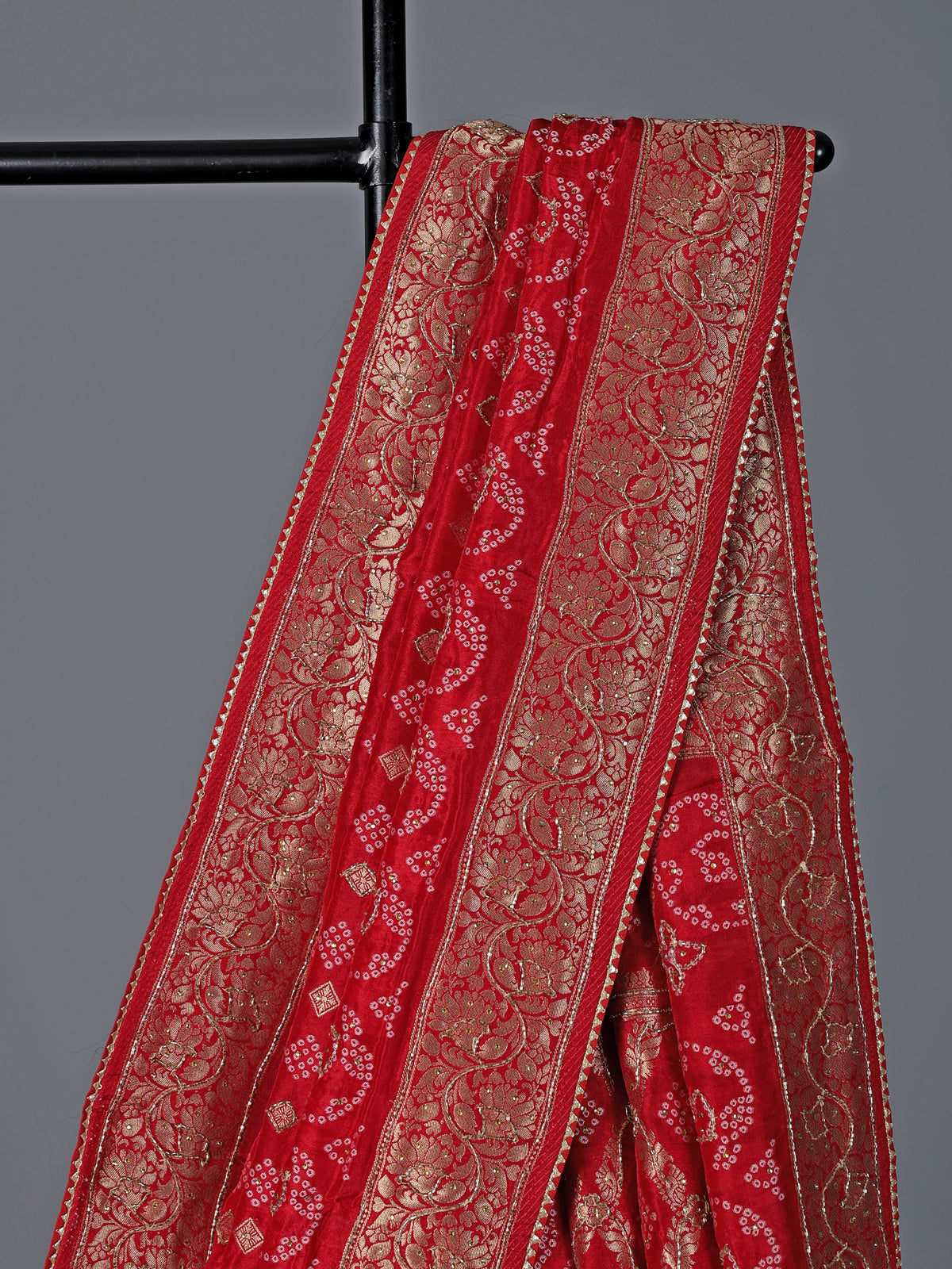 Red bandhej dola silk zari festive saree