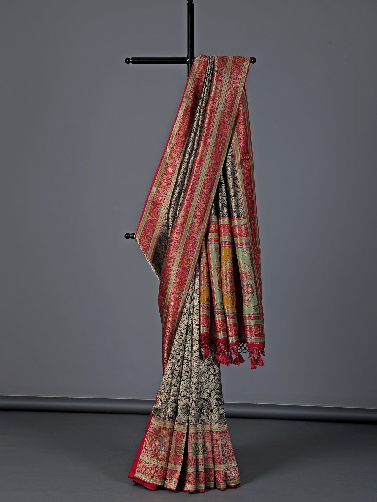 Black dola silk colorful zari motif festive saree