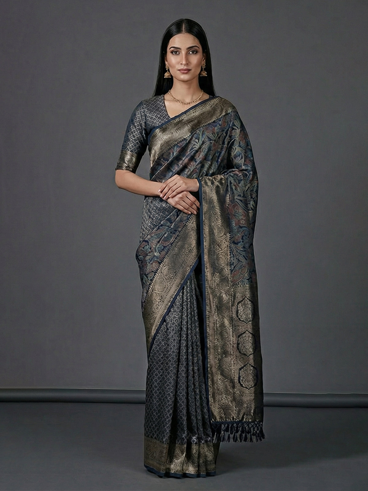 Navy blue art pashmina silk festive zari saree – G3+Fashion