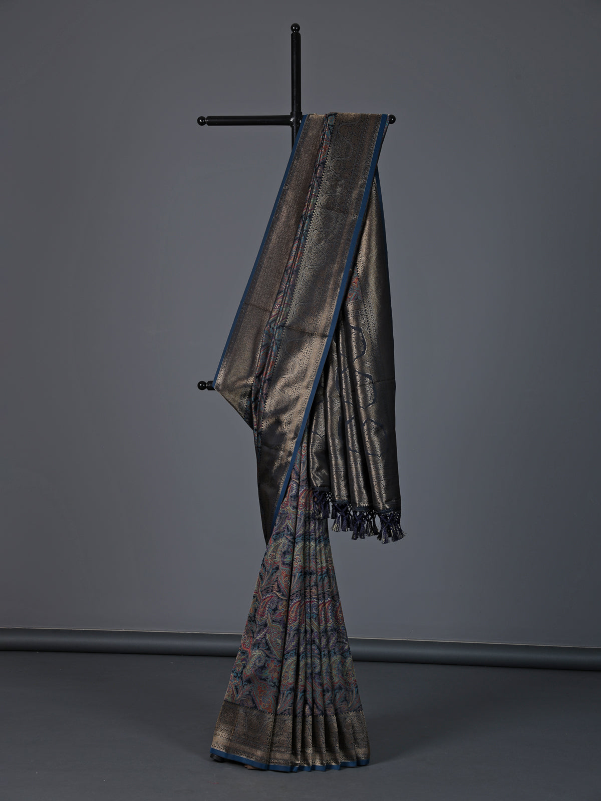 Navy blue art pashmina silk festive zari saree