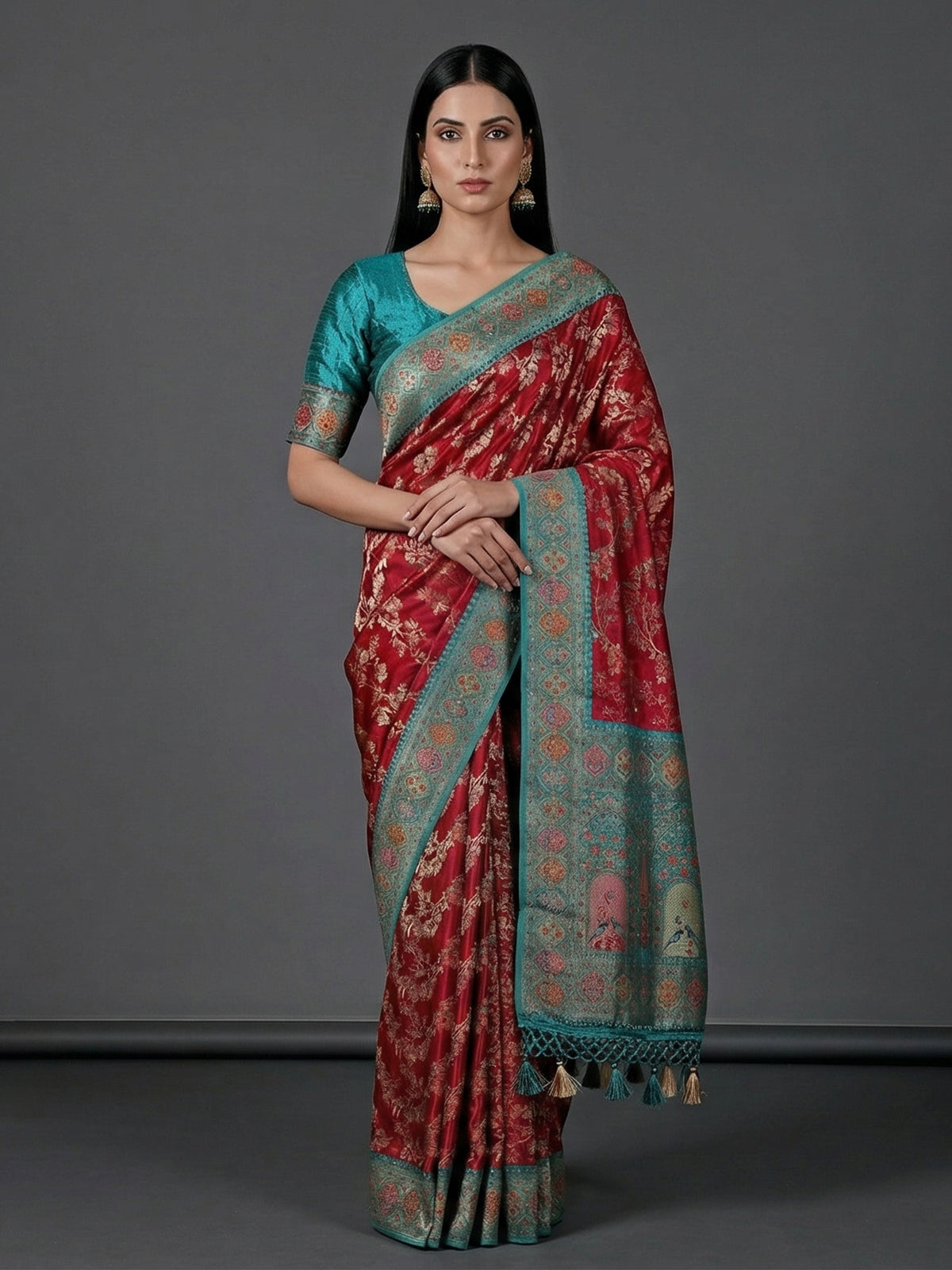 Maroon satin silk zari contrast border festive saree