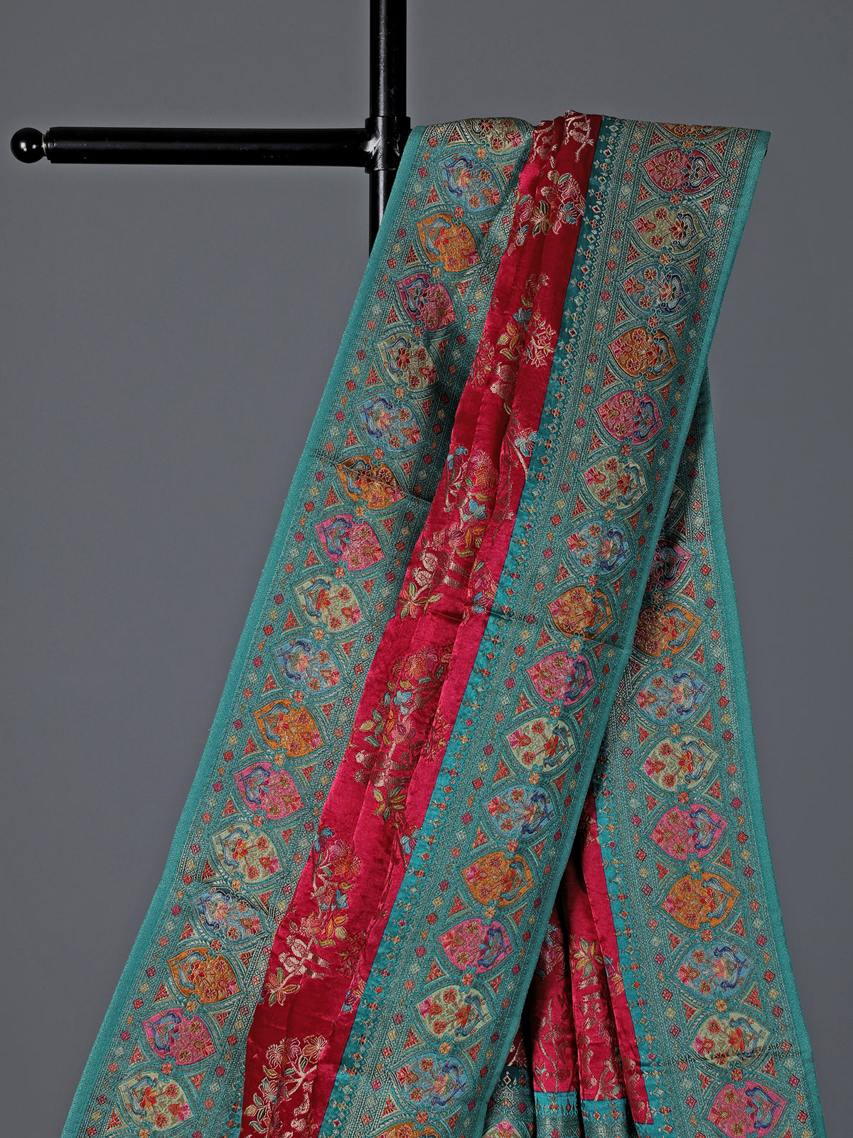 Maroon satin silk zari contrast border festive saree