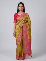 Mehendi yellow satin silk zari festive saree
