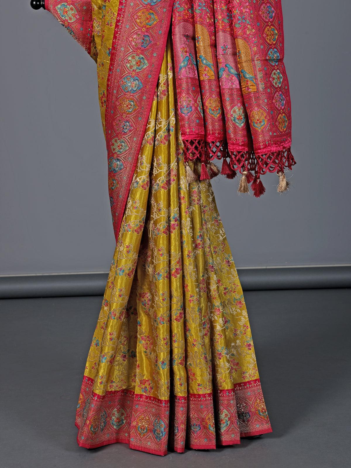 Mehendi yellow satin silk zari festive saree