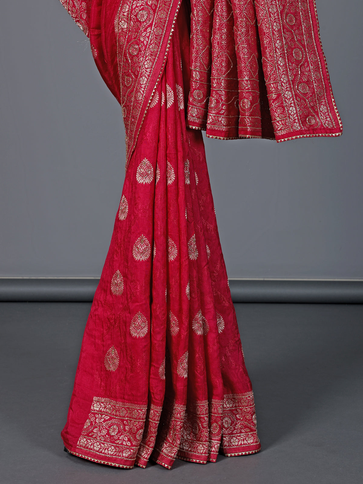 Rani pink dola silk embellished wedding saree for women