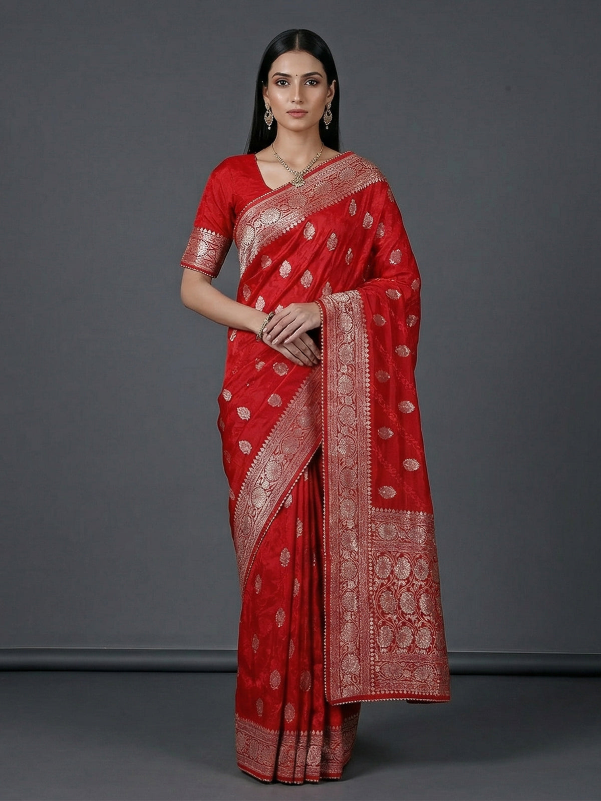 Red dola silk embellished wedding festive saree