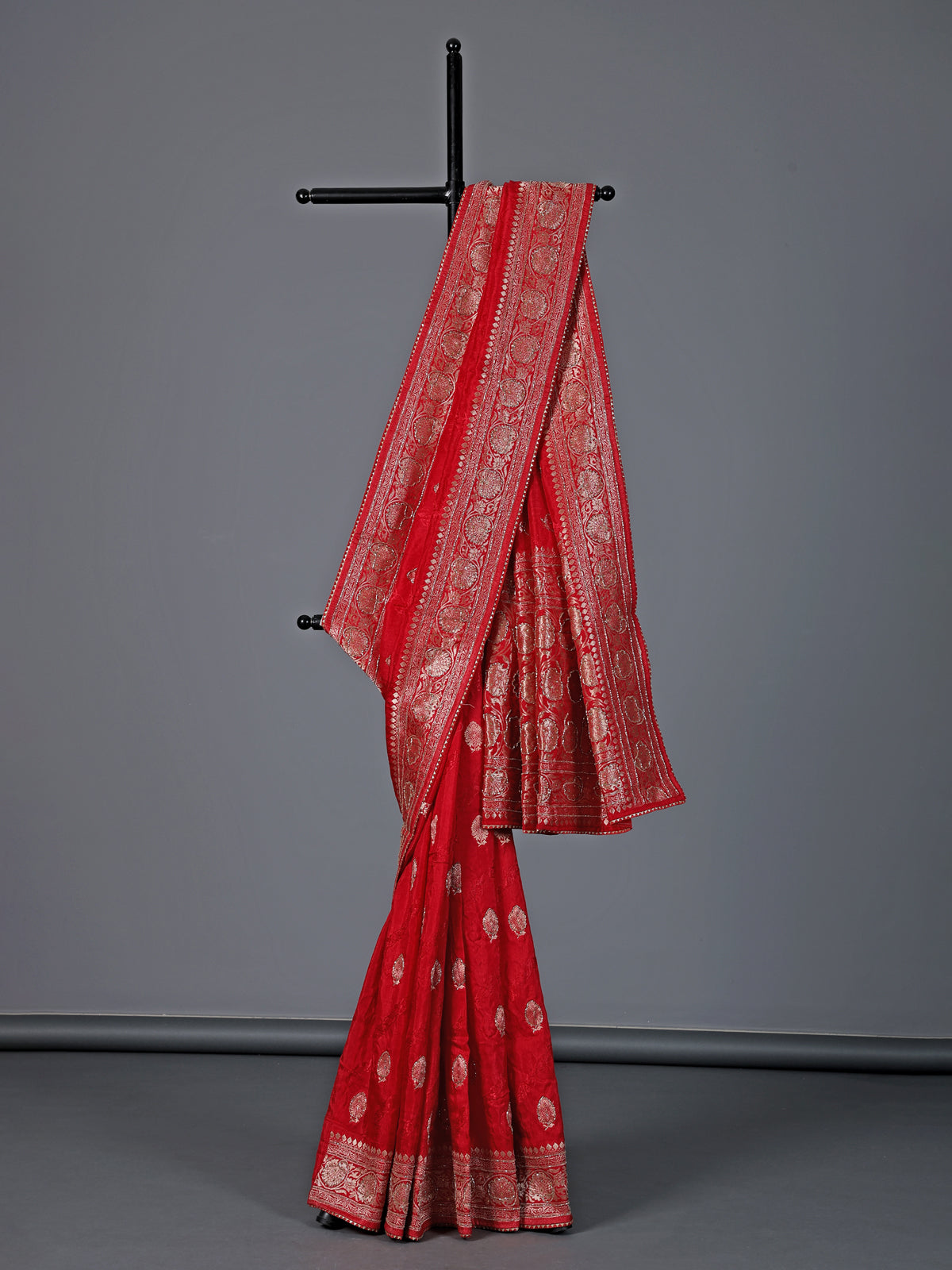 Red dola silk embellished wedding festive saree