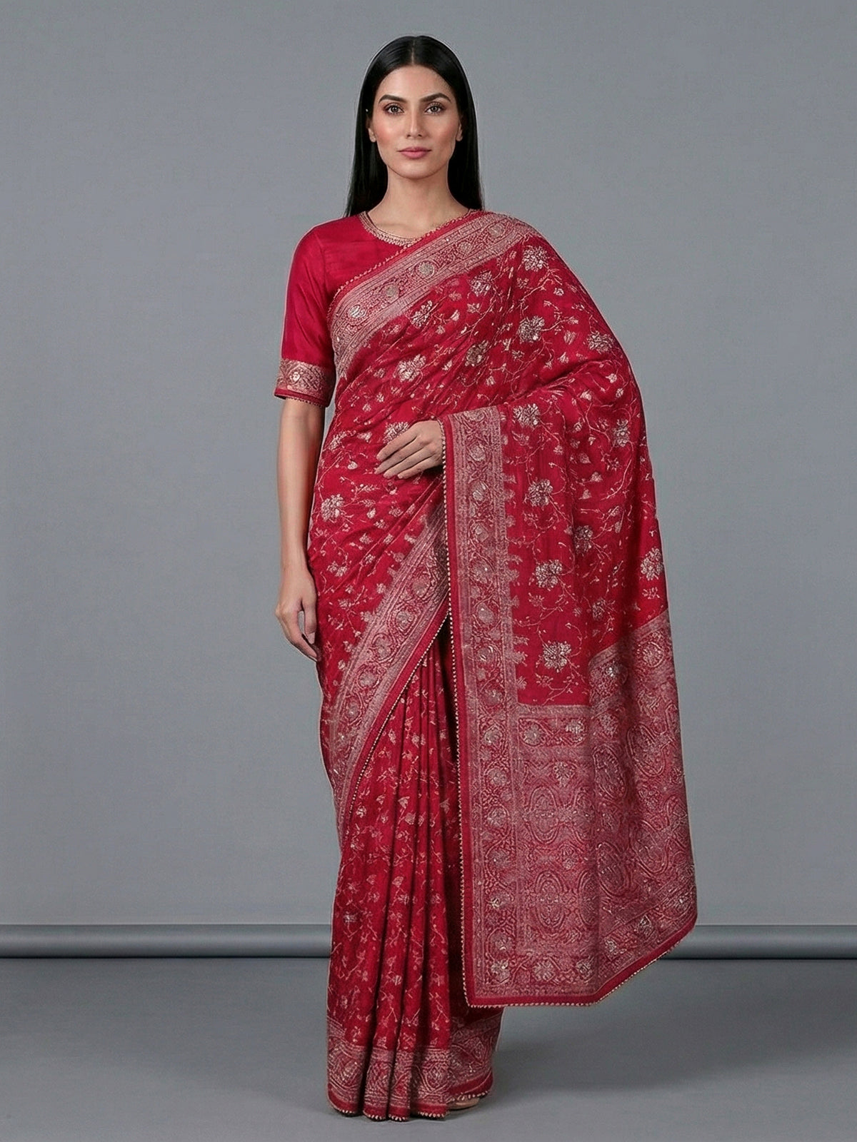 Maroon dola silk zari work wedding saree
