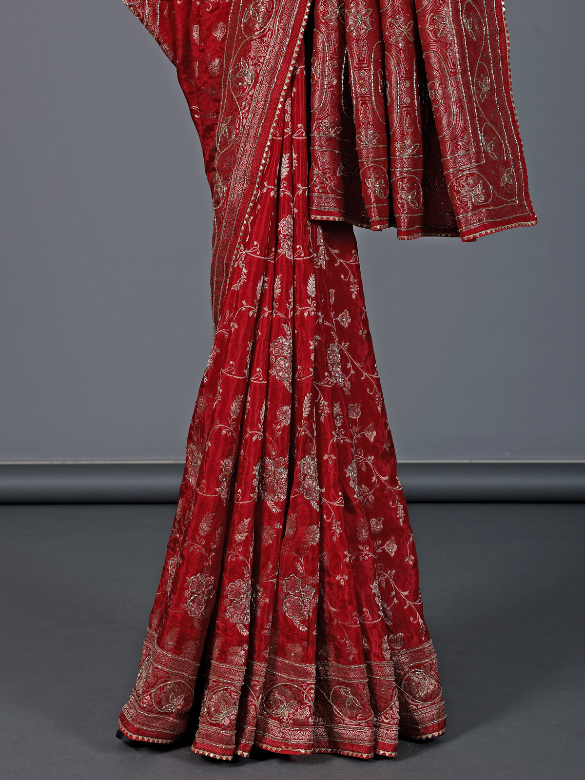 Red dola silk traditional festive embellished saree