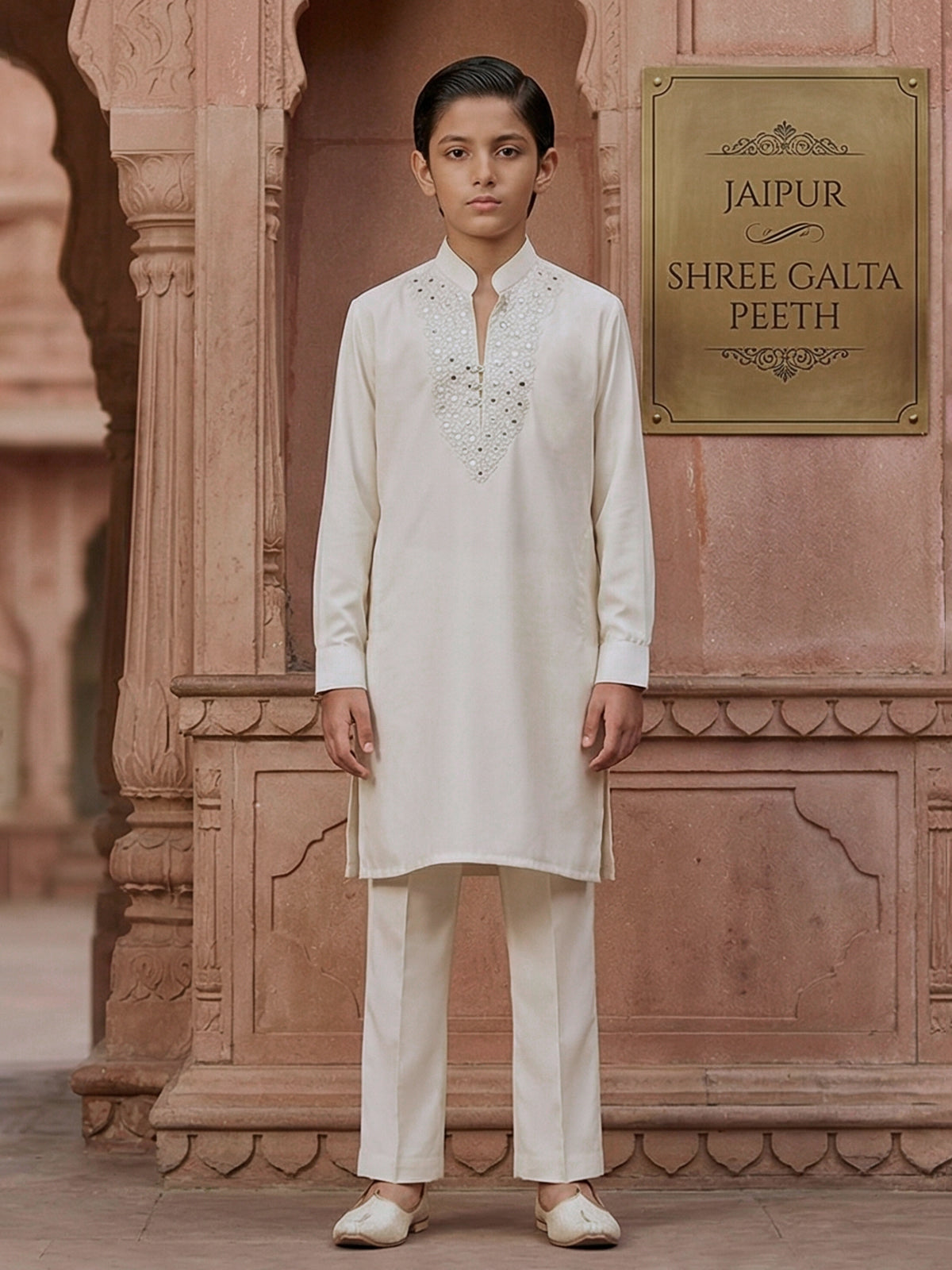 White georgette aabla and resham festive kurta suit