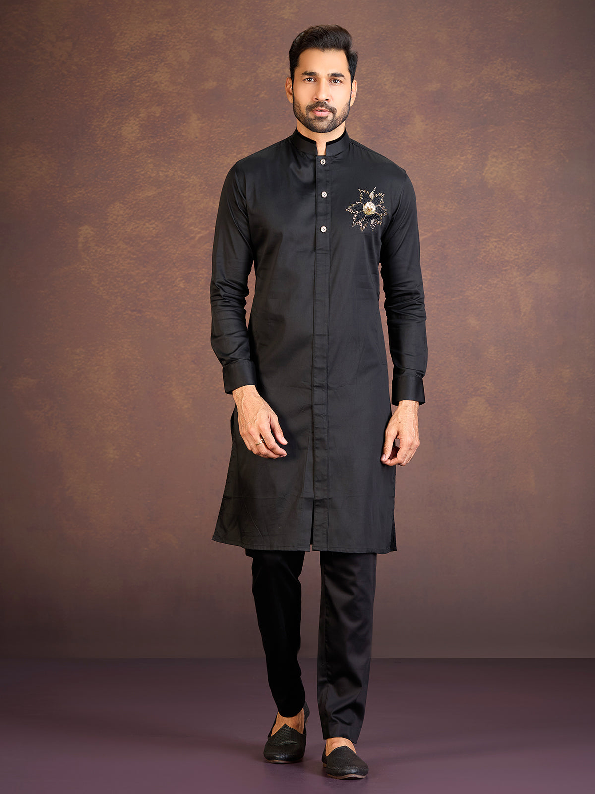 Black satin cotton lycra pathani suit for reception