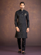Black satin cotton lycra pathani suit for reception