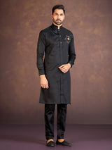 Black satin cotton lycra pathani suit for reception