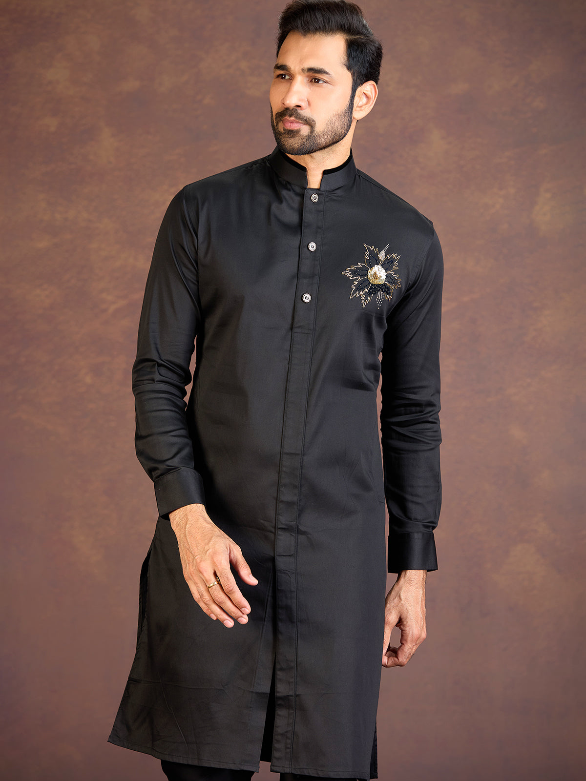 Black satin cotton lycra pathani suit for reception