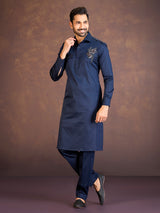 Navy satin cotton lycra pathani suit for fetive celebration