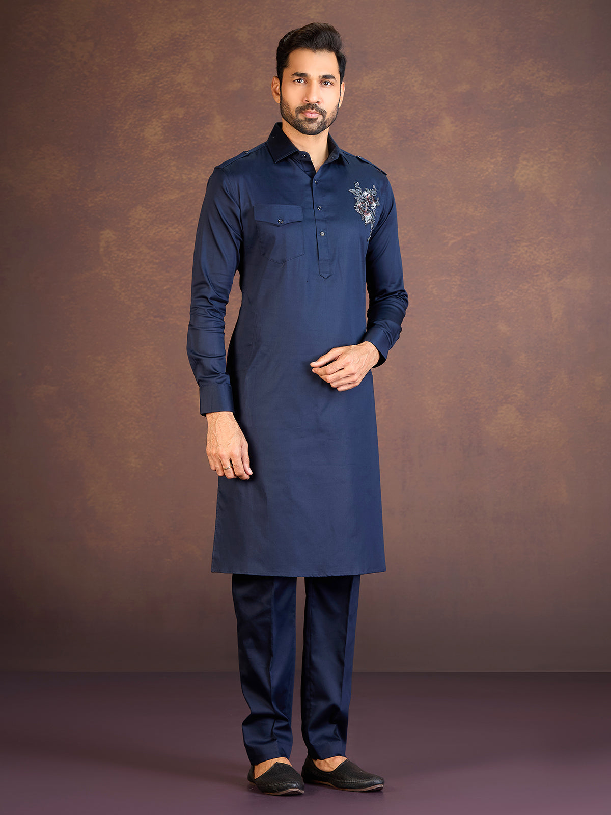 Navy satin cotton lycra pathani suit for fetive celebration