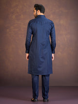 Navy satin cotton lycra pathani suit for fetive celebration