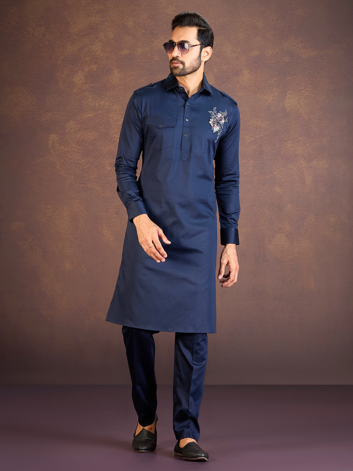 Navy satin cotton lycra pathani suit for fetive celebration
