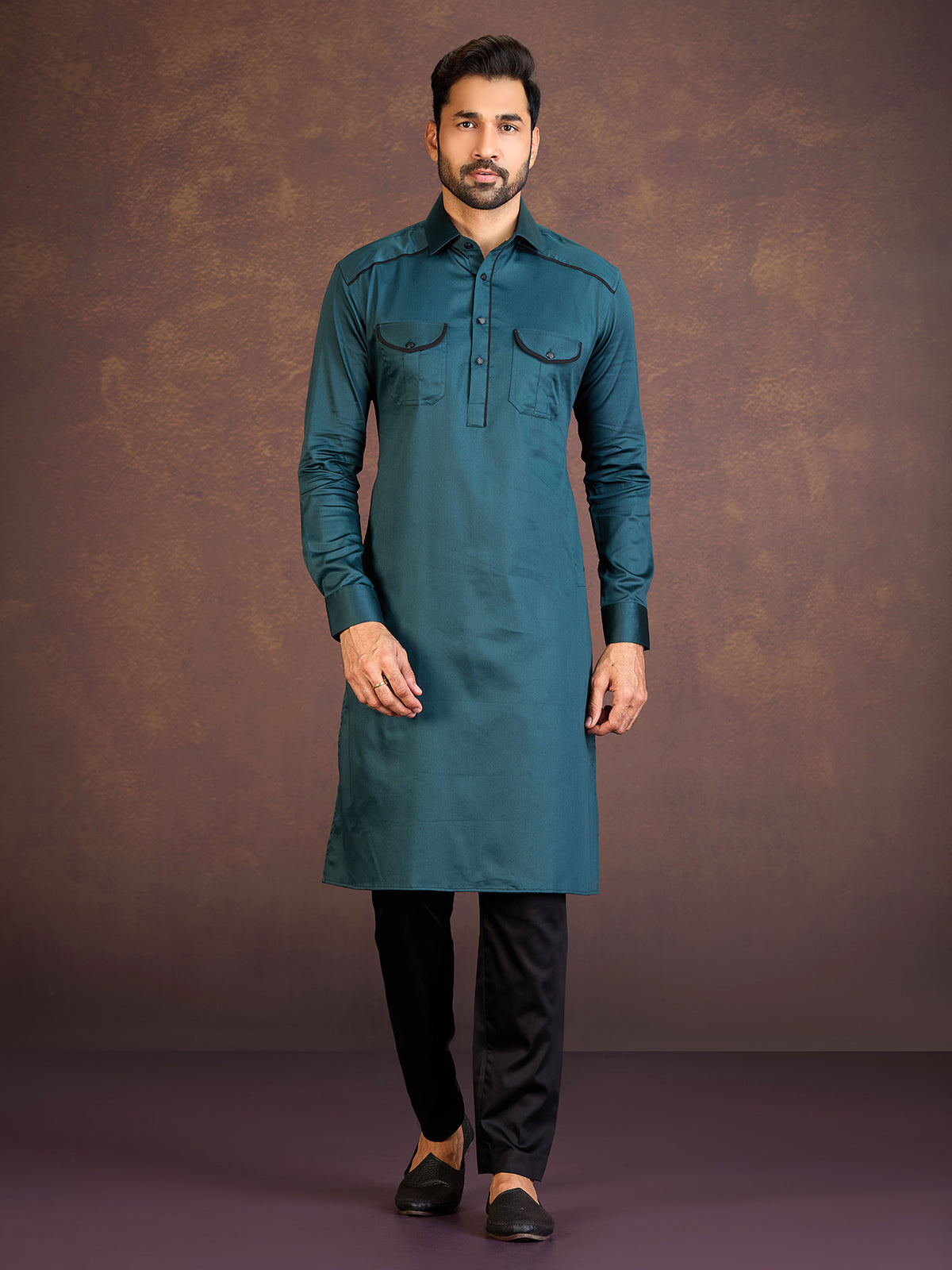 Teal green satin cotton lycra pathani suit with two chest pocket