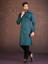Teal green satin cotton lycra pathani suit with two chest pocket