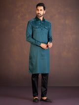 Teal green satin cotton lycra pathani suit with two chest pocket