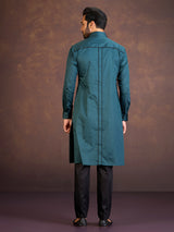Teal green satin cotton lycra pathani suit with two chest pocket