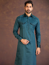 Teal green satin cotton lycra pathani suit with two chest pocket