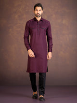 Maroon satin cotton lycra pathani suit with two chest pocket
