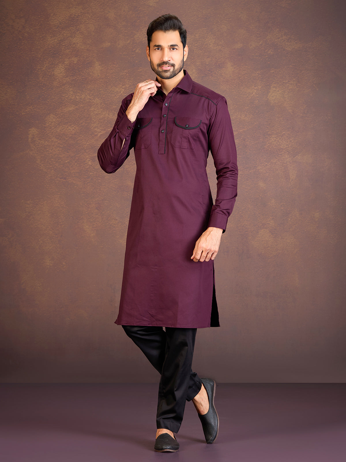 Maroon satin cotton lycra pathani suit with two chest pocket