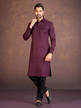 Maroon satin cotton lycra pathani suit with two chest pocket