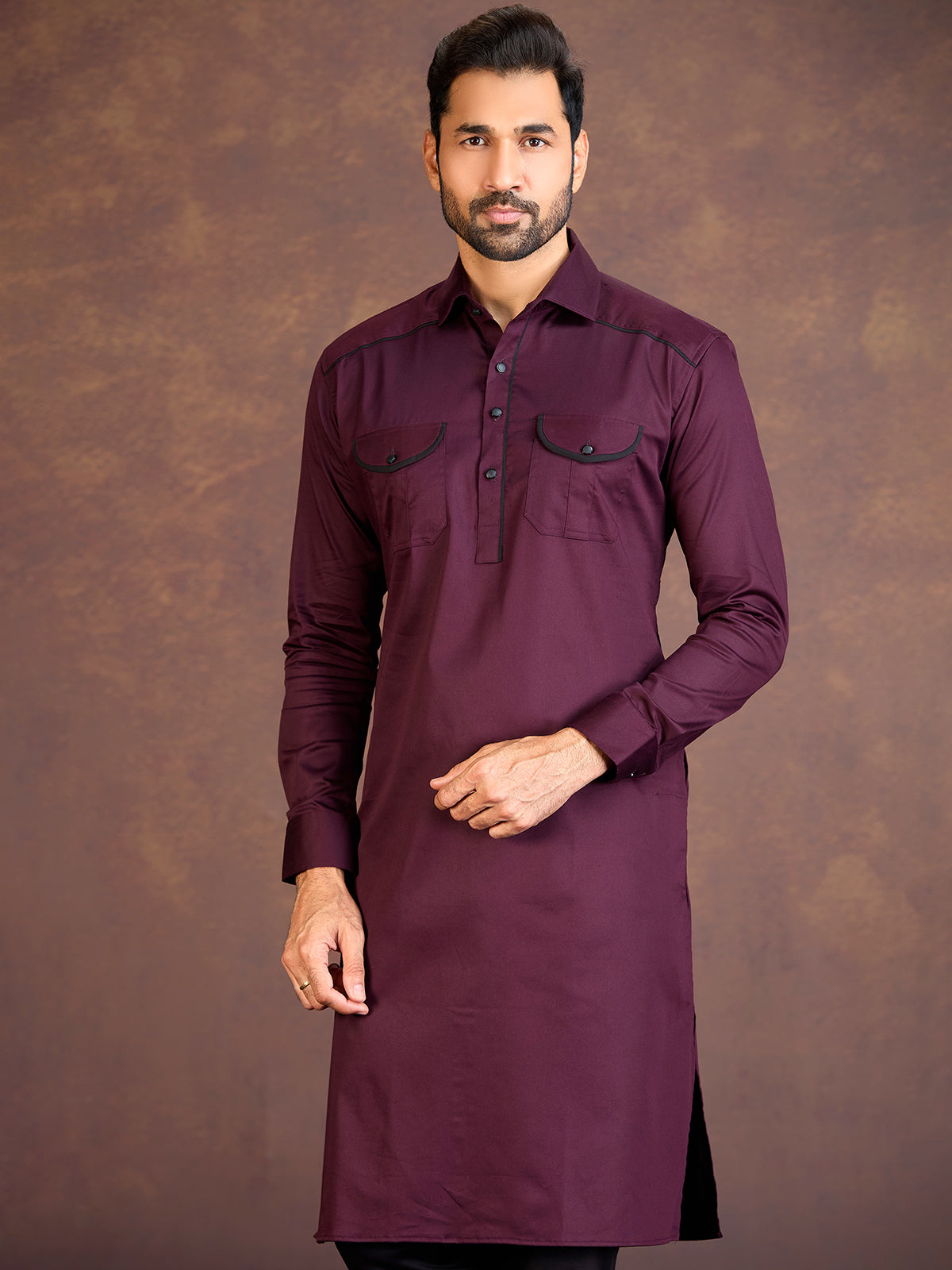 Maroon satin cotton lycra pathani suit with two chest pocket