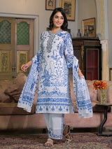 White cotton linen floral printed kurti set with dupatta