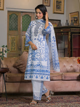 White cotton linen floral printed kurti set with dupatta